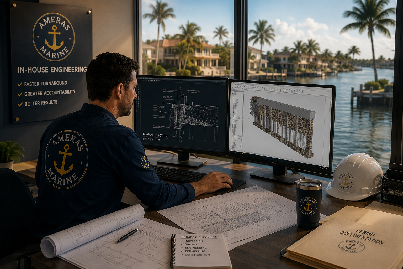 Ameras Marine engineer working at dual monitors with seawall design plans and waterfront view